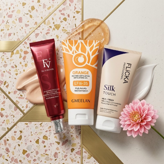 3 in 1 Complete Beauty Combo – FV Orange Gel, Flicka Pack of 3 & Liquid Foundation with Primer