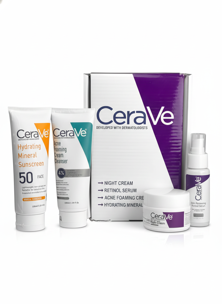 CeraVe 4-in-1 Skincare Kit – Acne Cleanser, Retinol Serum, Night Cream & SPF 50 Sunscreen