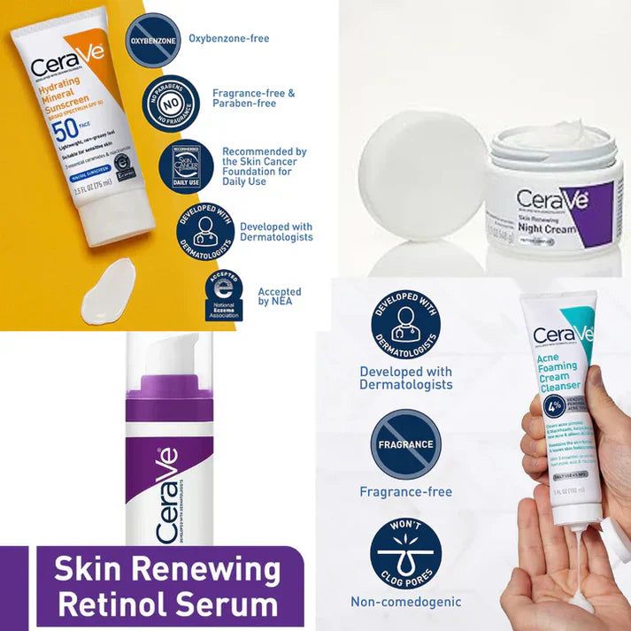 CeraVe 4-in-1 Skincare Kit – Acne Cleanser, Retinol Serum, Night Cream & SPF 50 Sunscreen