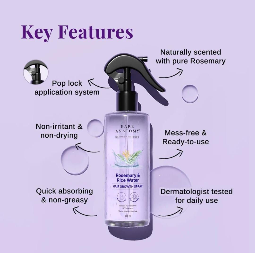 Bare Anatomy Rosemary & Rice Water Hair Growth Spray 200ml – Strengthen, Thicken & Nourish Hair