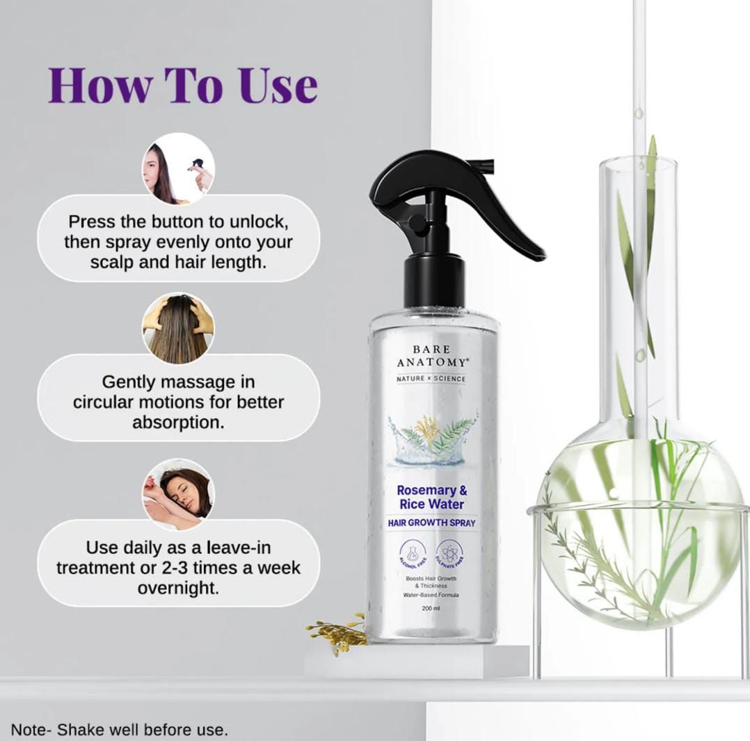 Bare Anatomy Rosemary & Rice Water Hair Growth Spray 200ml – Strengthen, Thicken & Nourish Hair