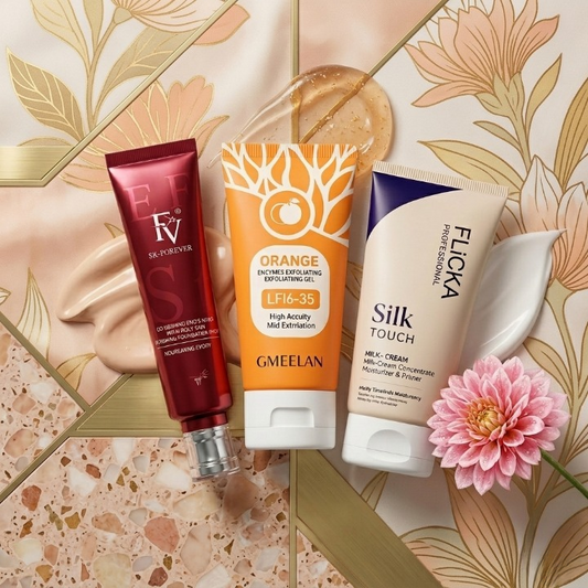 3 in 1 Complete Beauty Combo – FV Orange Gel, Flicka Pack of 3 & Liquid Foundation with Primer